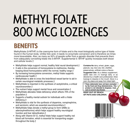 Methyl Folate lozenge packaging with benefits listed on a white background with barcode.