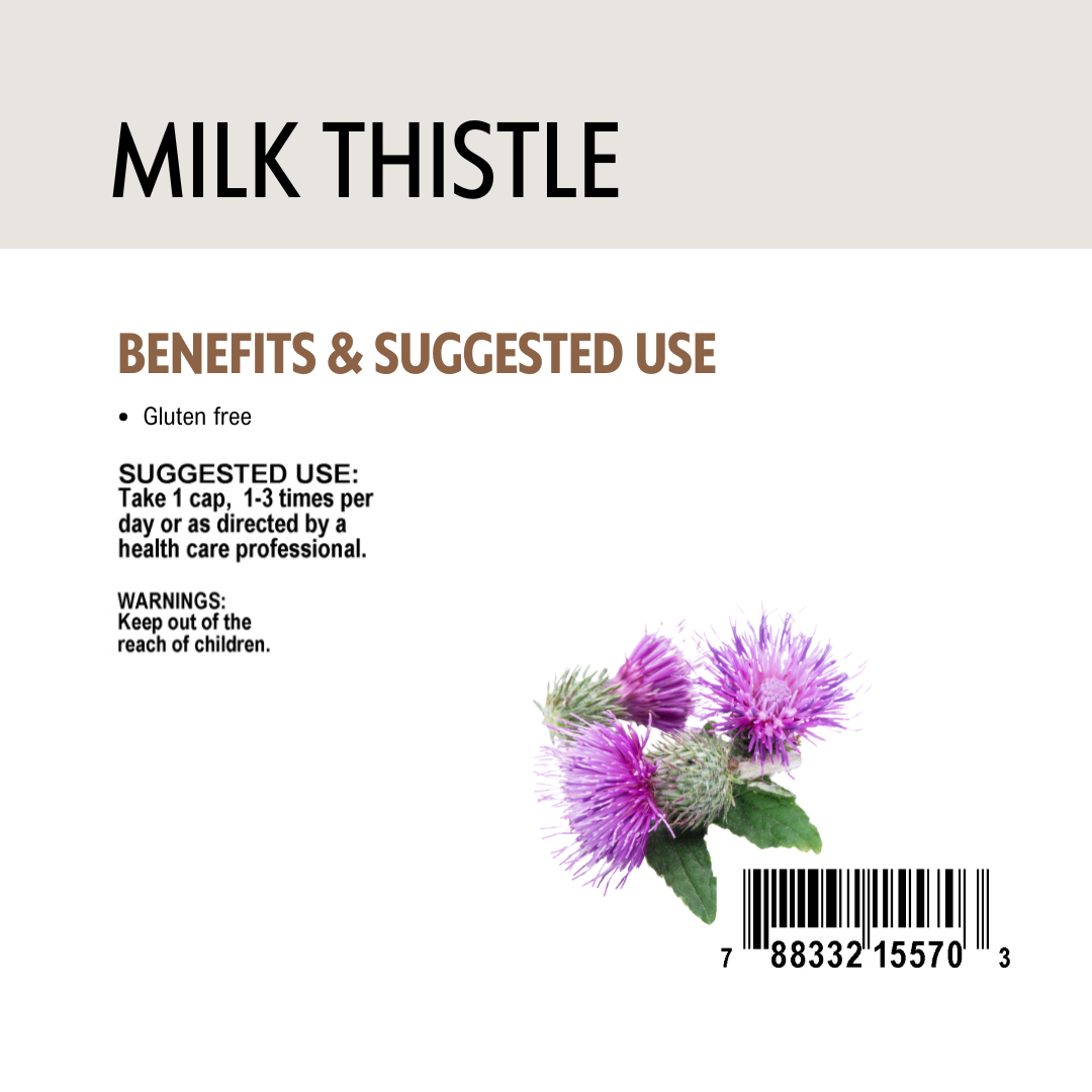 Milk thistle product label with benefits, suggested use, barcode and a purple milk thistle flower on a white background.