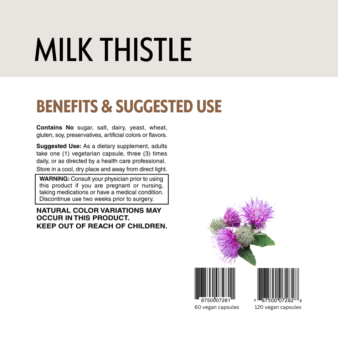 Milk thistle supplement label with text, barcode and a milk thistle flower illustration.