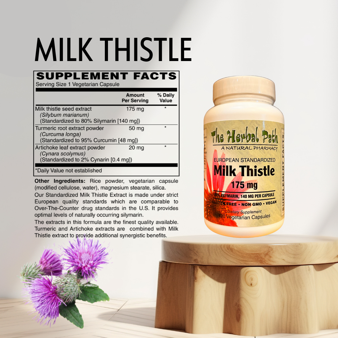Milk Thistle supplement bottle with label and purple milk thistle flower on a wooden stand.