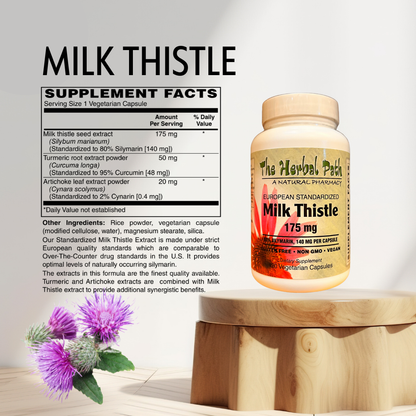 Milk Thistle supplement bottle with label and purple milk thistle flower on a wooden stand.