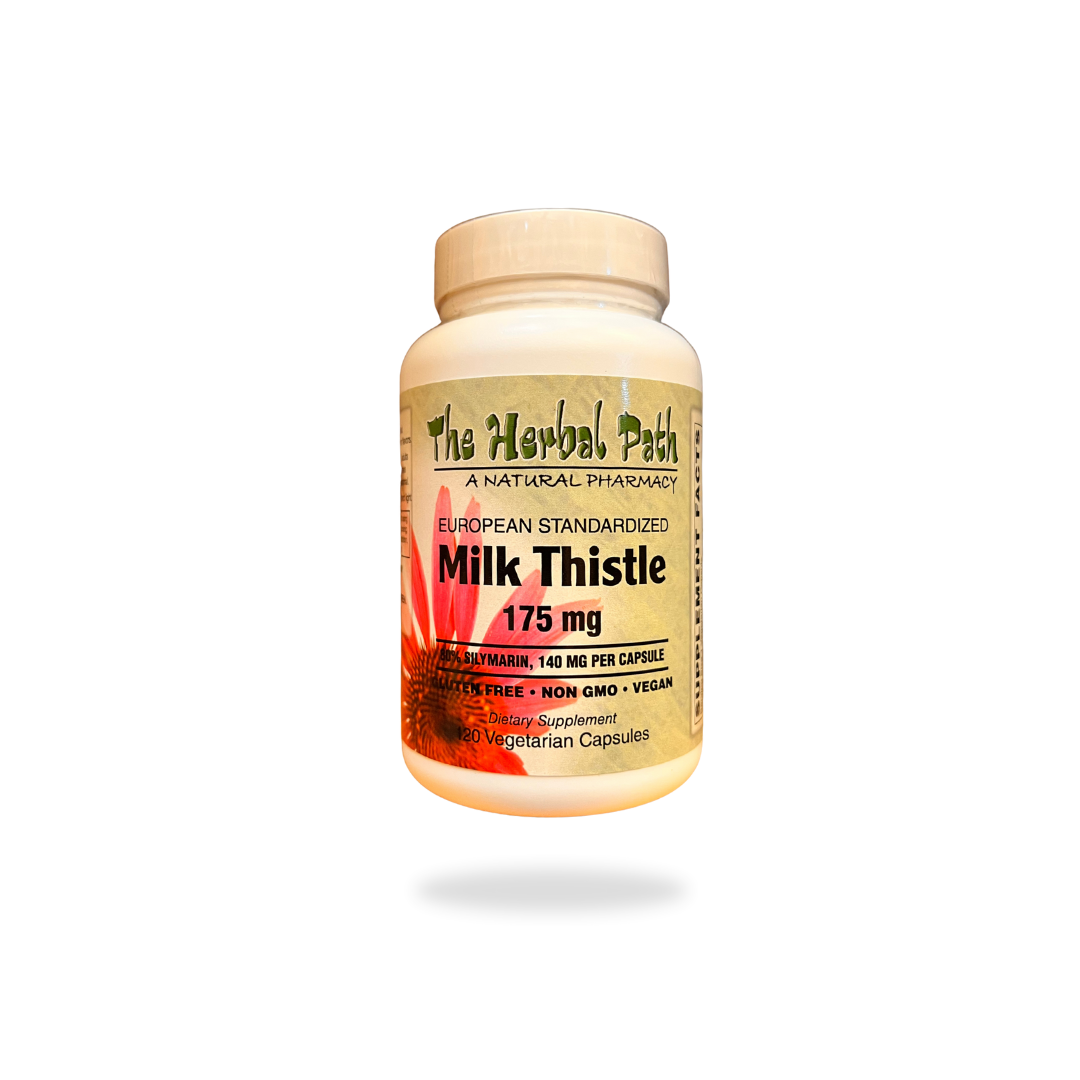 Bottle of Milk Thistle supplement from The Herbal Path on a white background.