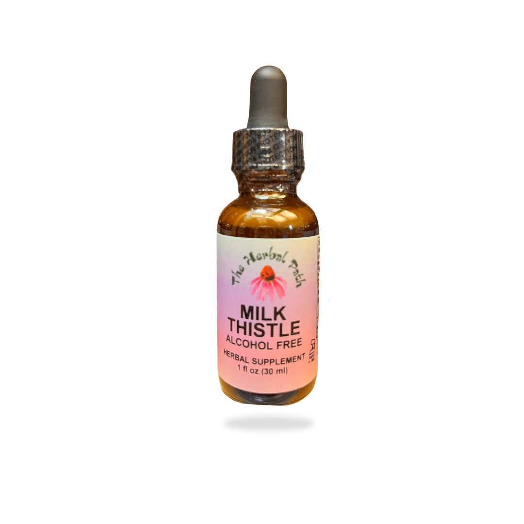 Bottle of Milk Thistle supplement with dropper on a white background