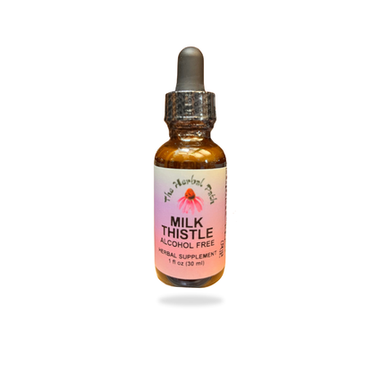Bottle of Milk Thistle supplement with dropper on a white background