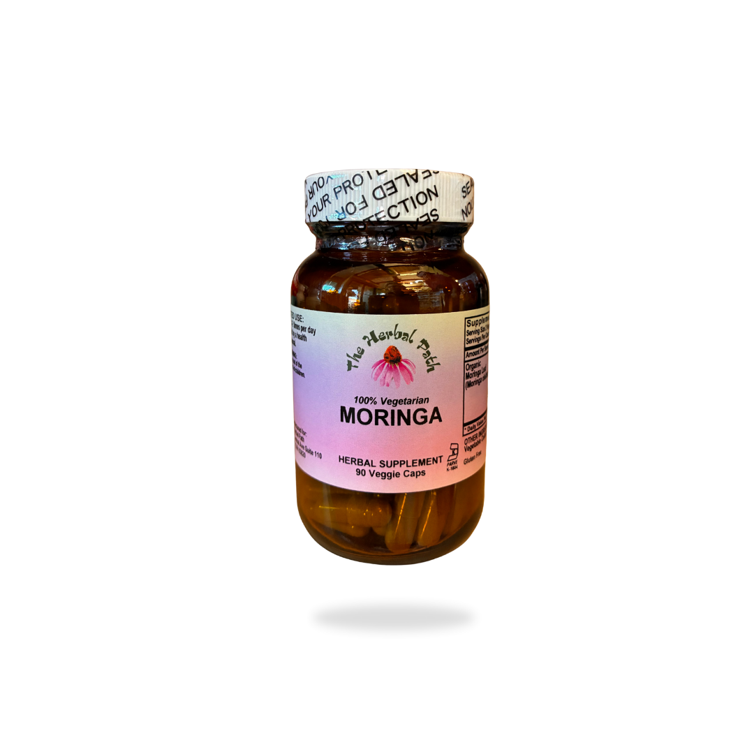Bottle of Moringa supplement on a white background