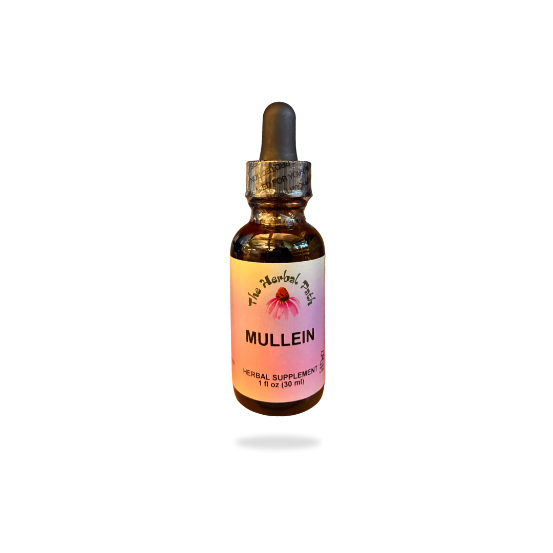 Bottle of Mullein herbal supplement with dropper on a white background
