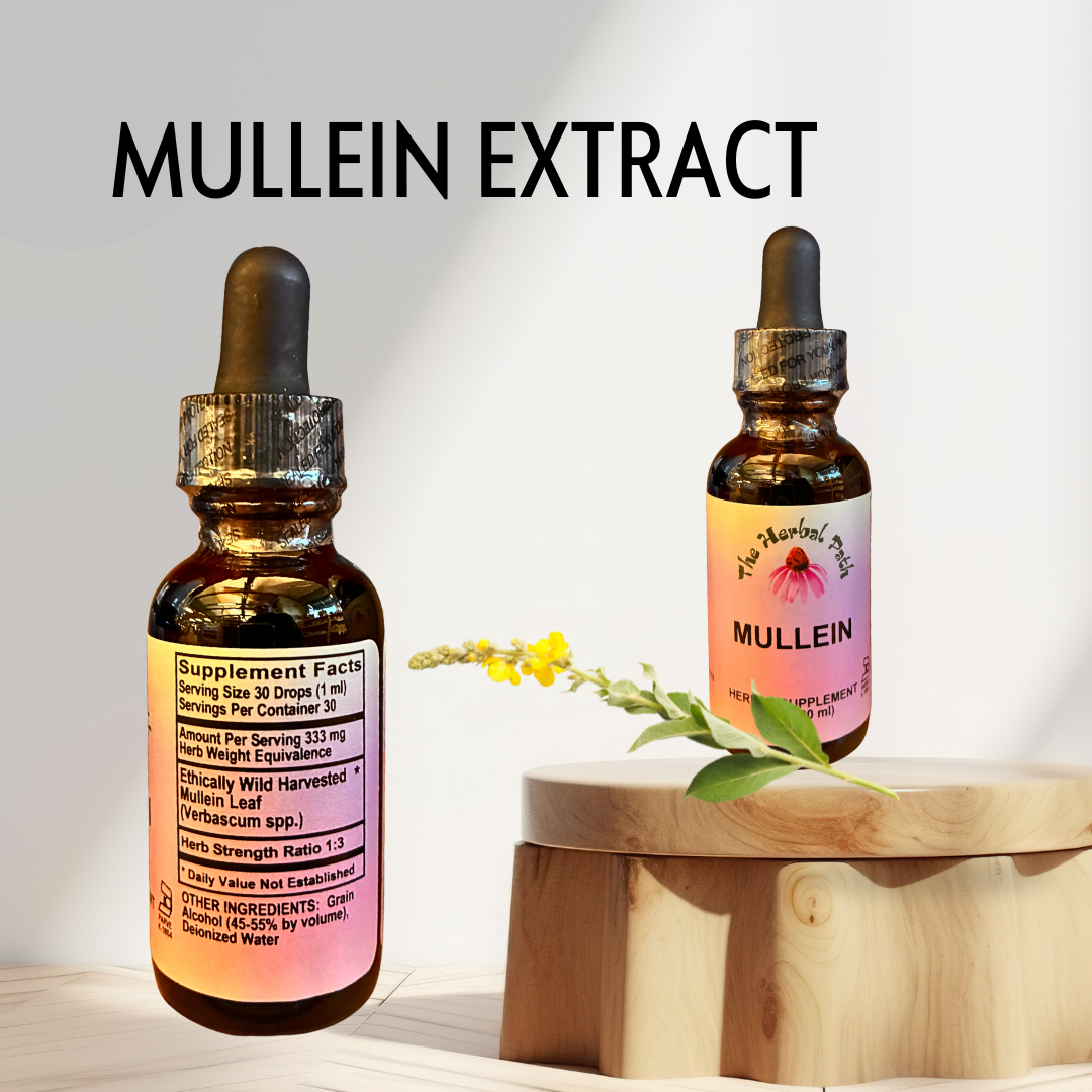 Two bottles of Mullein Extract on a wooden surface with a white background