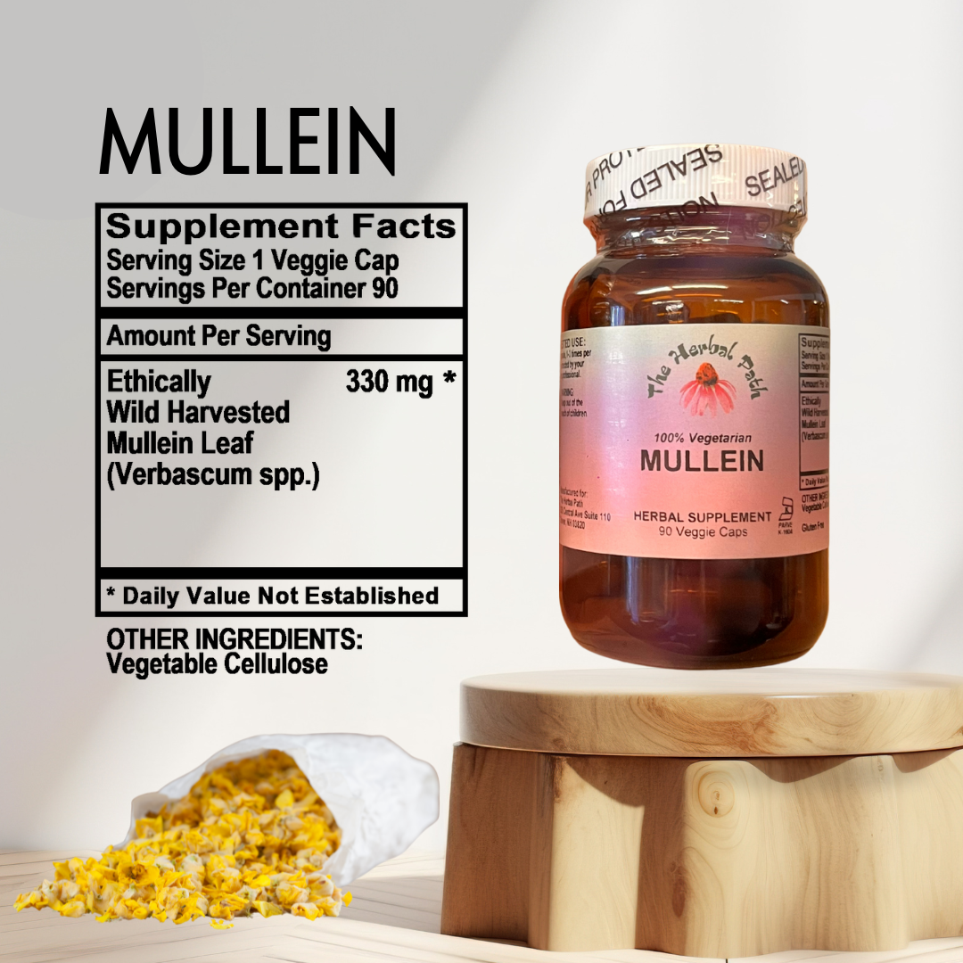 Mullein supplement bottle with label and mullein leaves by The Herbal Path.