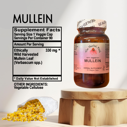 Mullein supplement bottle with label and mullein leaves by The Herbal Path.