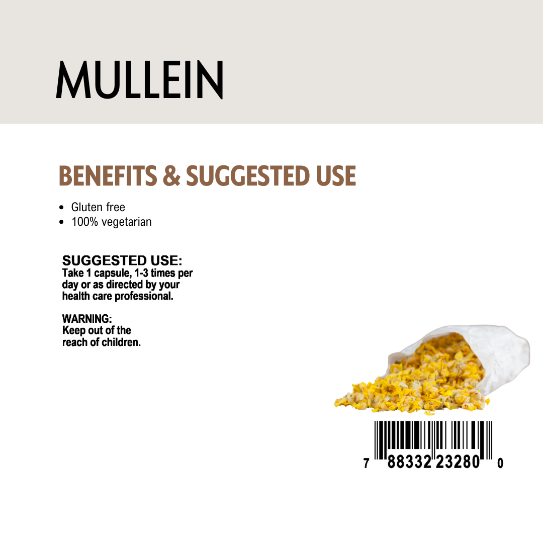 Mullein product packaging with benefits and suggested use text on a white background
