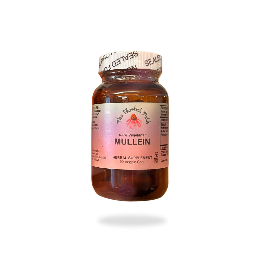 Bottle of Mullein herbal supplement with a pink The Herbal Path label.