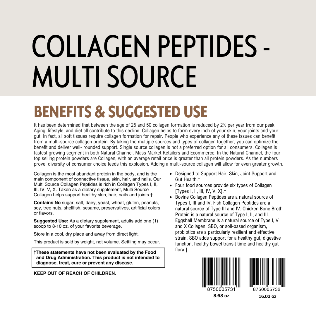 Back of a supplement package with collagen peptides text and product details.