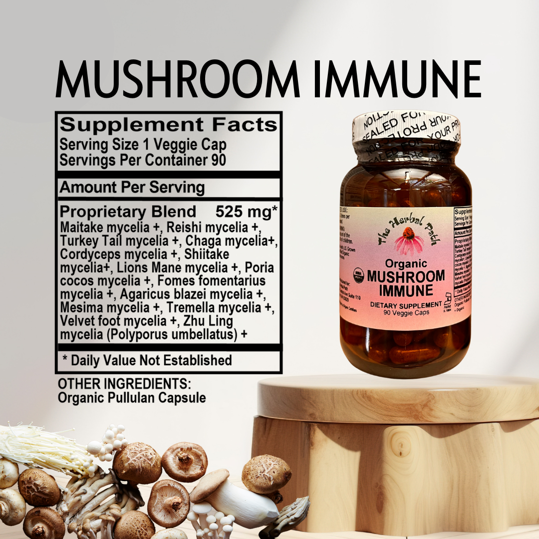 Mushroom immune supplement bottle with ingredients list on a neutral background.