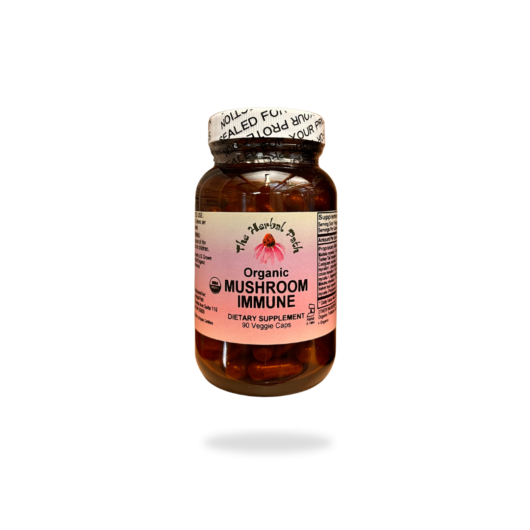 Supplement bottle labeled 'Mushroom Immune' with a pink The Herbal Path label on a white background.