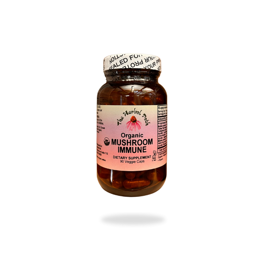 Supplement bottle labeled 'Mushroom Immune' with a pink The Herbal Path label on a white background.