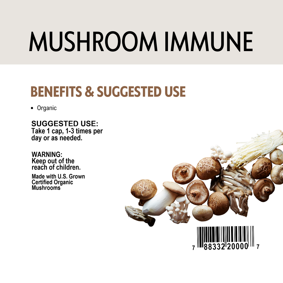 Mushroom supplement packaging with text on benefits, barcode and suggested use.