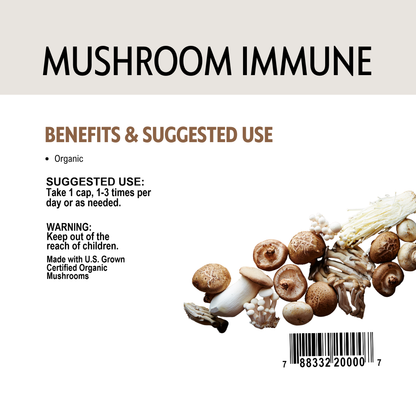 Mushroom supplement packaging with text on benefits, barcode and suggested use.