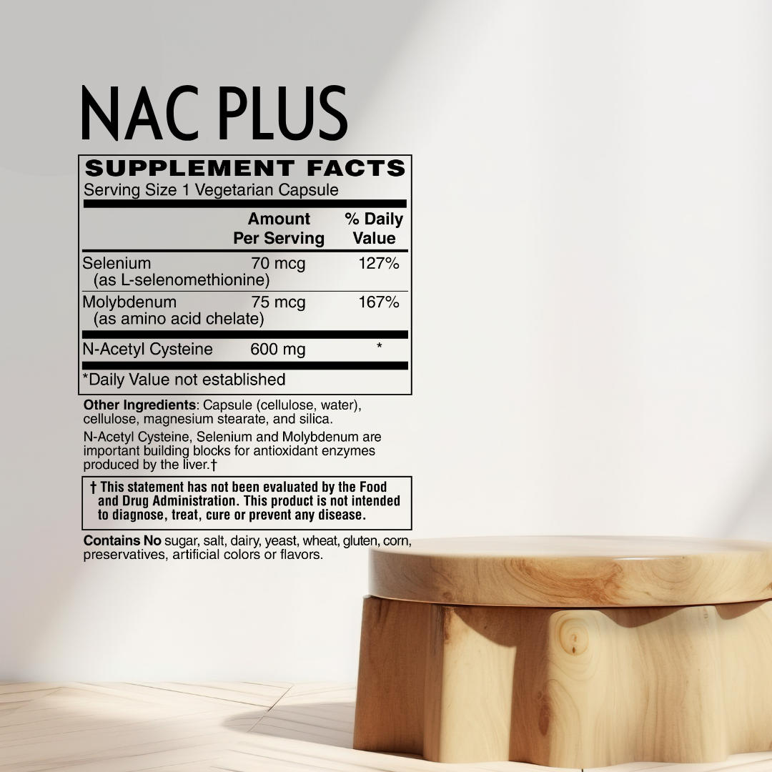 A supplement facts label for NAC PLUS shown on a white background, with a wooden stool partially visible at the bottom right. The label details the supplement's ingredients and daily value percentages.