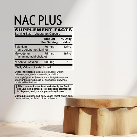 A supplement facts label for NAC PLUS shown on a white background, with a wooden stool partially visible at the bottom right. The label details the supplement's ingredients and daily value percentages.