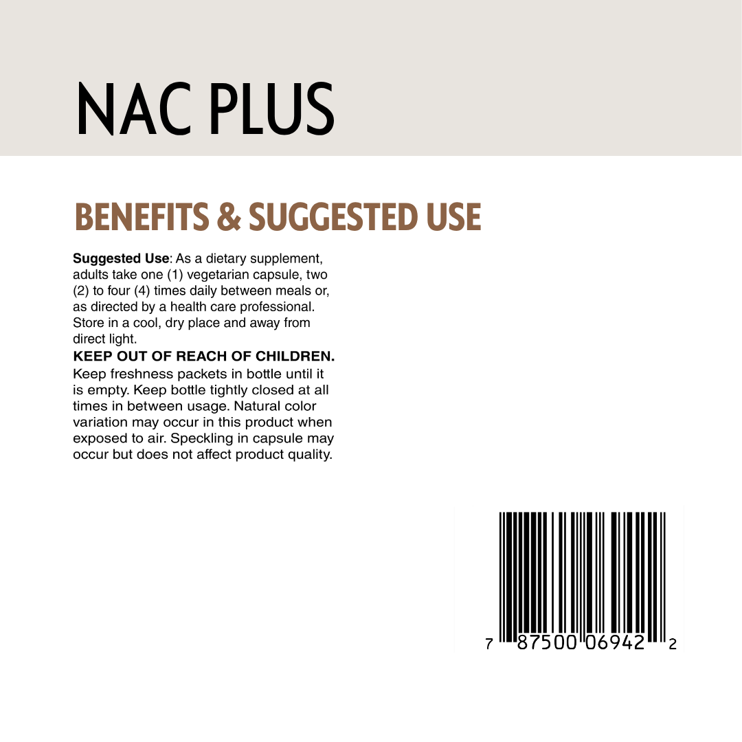 Back of a NAC PLUS supplement box showing suggested use, safety instructions, and a barcode on a light beige background.