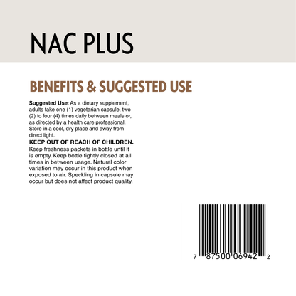 Back of a NAC PLUS supplement box showing suggested use, safety instructions, and a barcode on a light beige background.