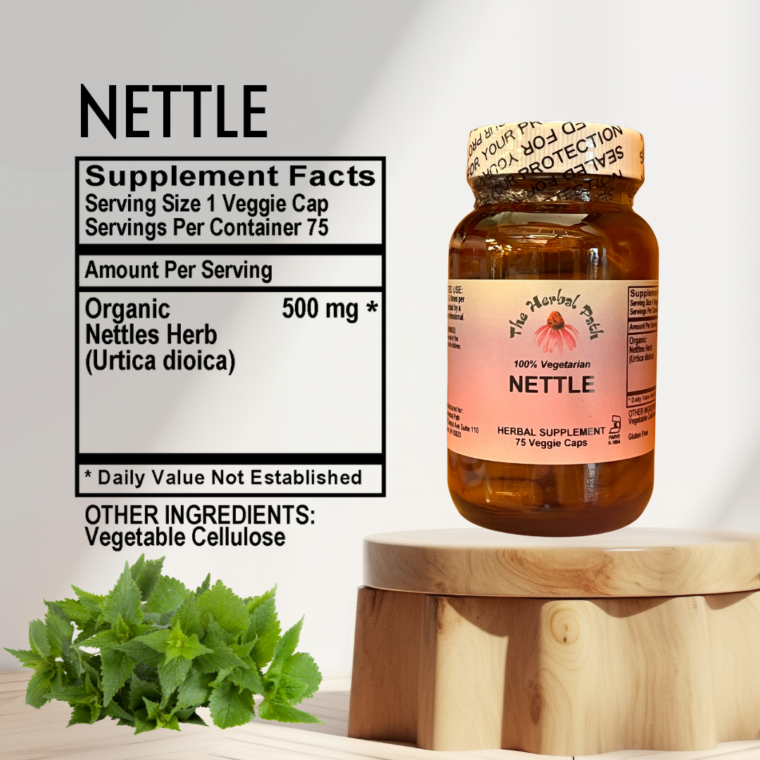 Nettle supplement bottle with label of supplement facts.