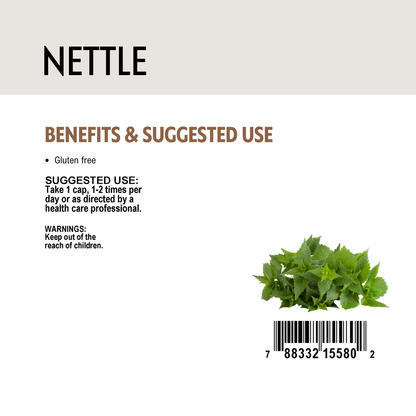 Nettle benefits and suggested use label and barcode.