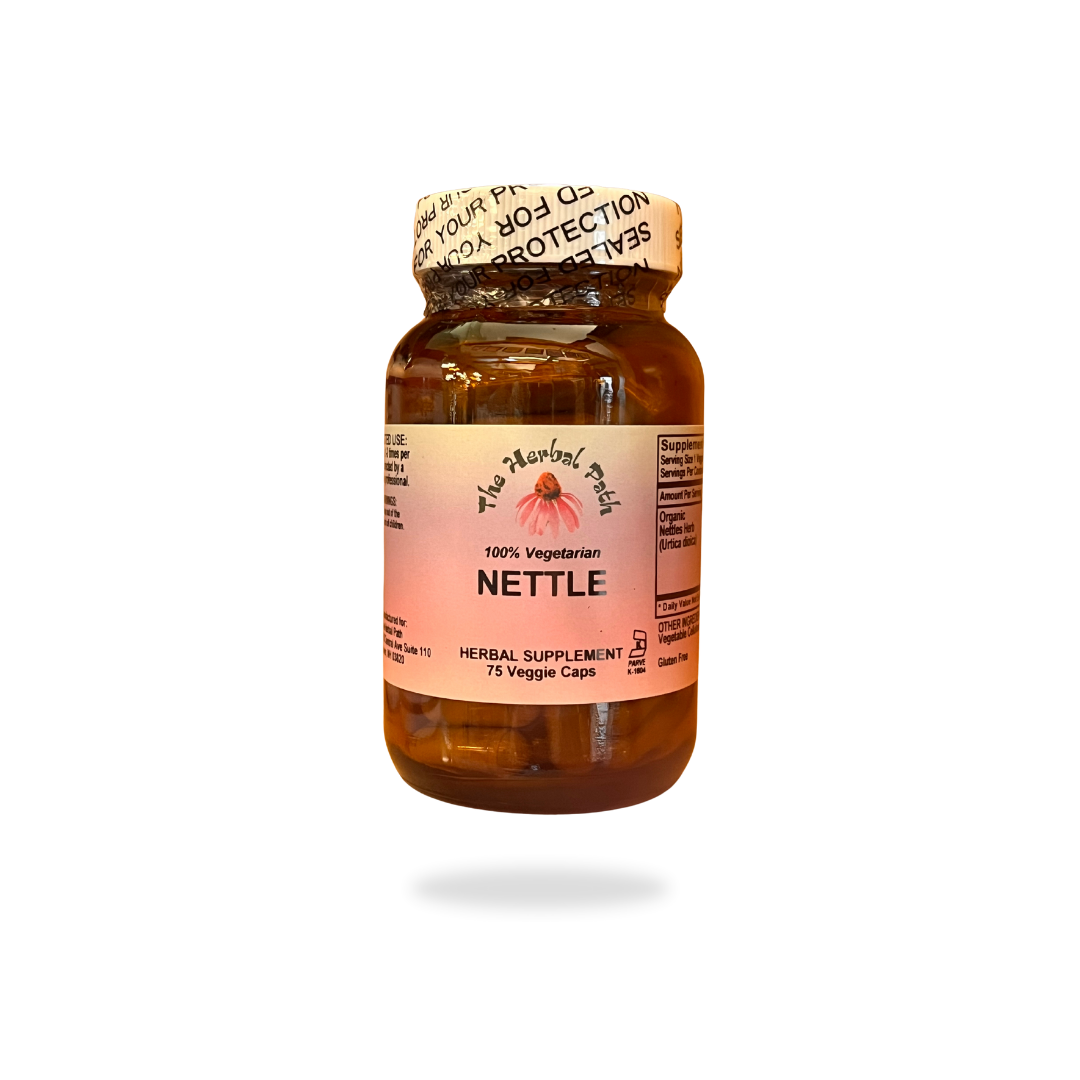 Herbal supplement bottle of 'Nettle' in a bottle with a pink The Herbal Path label.