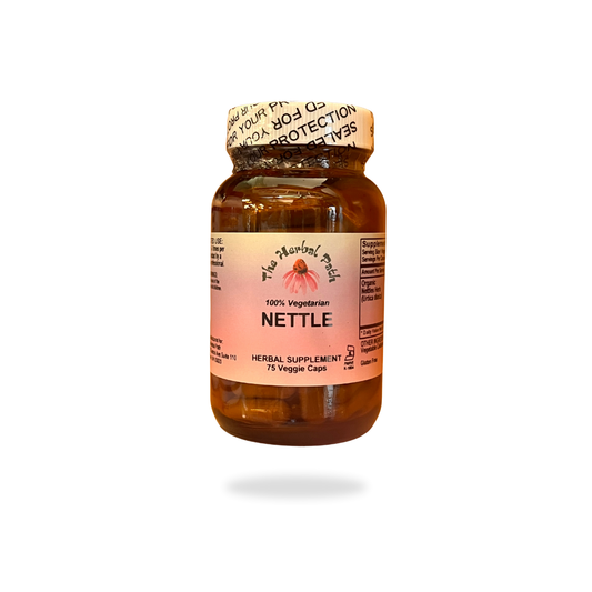 Herbal supplement bottle of 'Nettle' in a bottle with a pink The Herbal Path label.