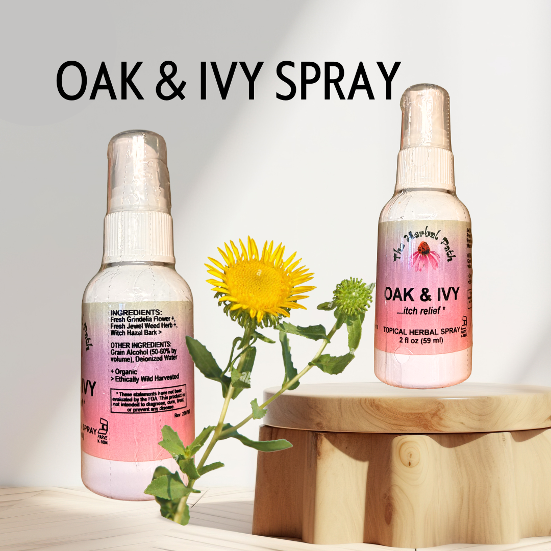 Two bottles of Oak & Ivy spray with a plant on a wooden block against a light background