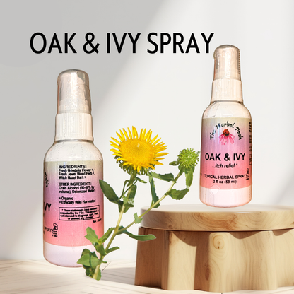 Two bottles of Oak & Ivy spray with a plant on a wooden block against a light background