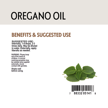 Oregano oil label with benefits, suggested use, and a barcode on a white background