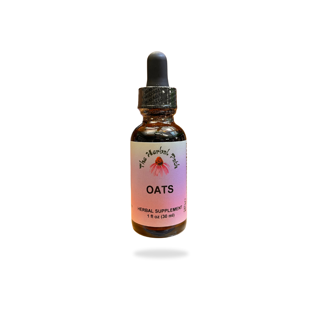 Bottle of herbal supplement labeled 'Oats' on a white background