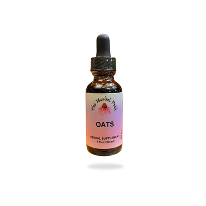Bottle of herbal supplement labeled 'Oats' on a white background