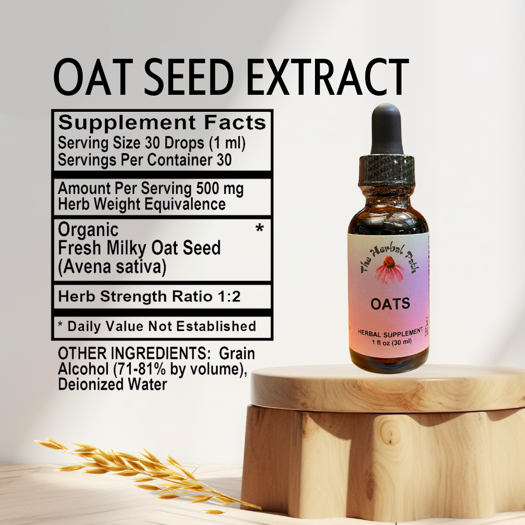 Bottle of oat seed extract with supplement facts label on a wooden stand.