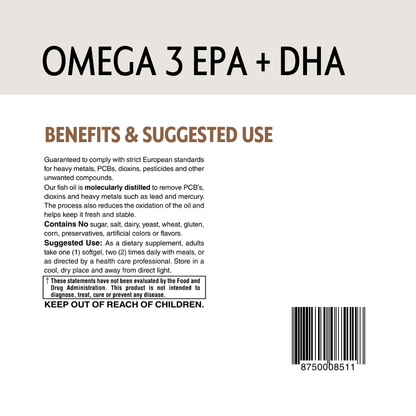 Back label of a supplement container with Omega 3 EPA + DHA information and barcode.
