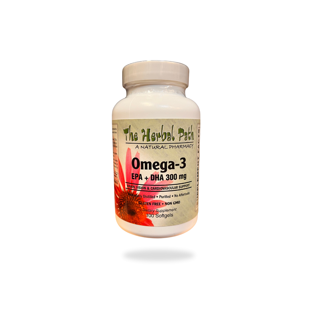 Omega-3 supplement bottle labeled 'The Herbal Path' on a white background