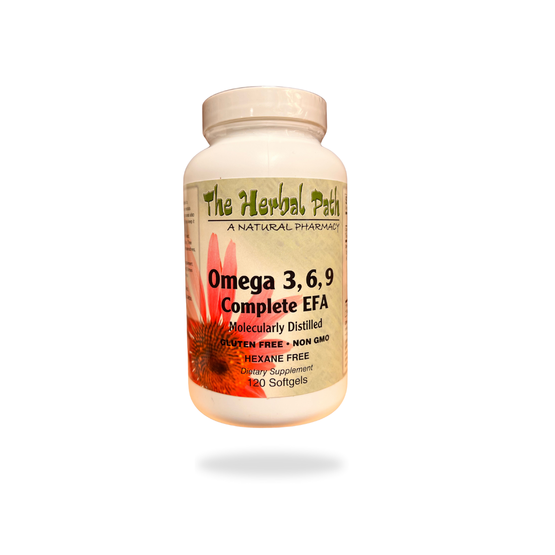Supplement bottle labeled 'Omega 3, 6, 9 Complete EFA' from 'The Herbal Path' 
