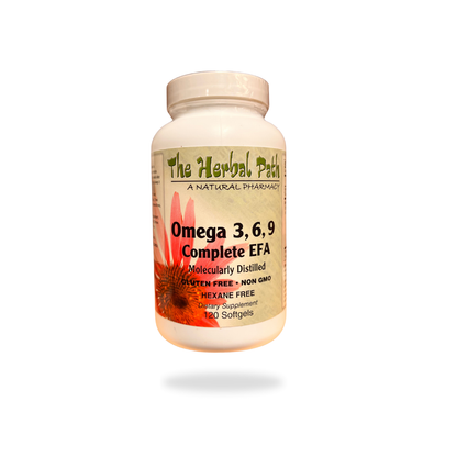 Supplement bottle labeled 'Omega 3, 6, 9 Complete EFA' from 'The Herbal Path' 