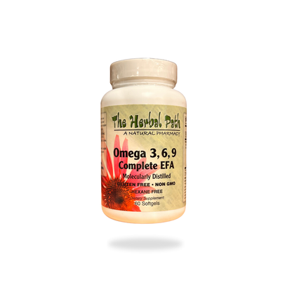 Supplement bottle labeled 'Omega 3, 6, 9 Complete EFA' by 'The Herbal Path' 