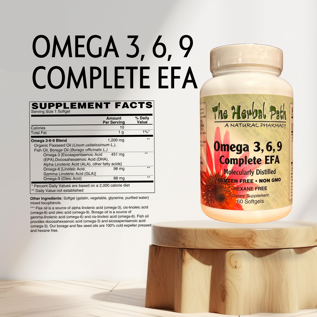 Omega 3, 6, 9 Complete EFA supplement bottle with supplement facts.