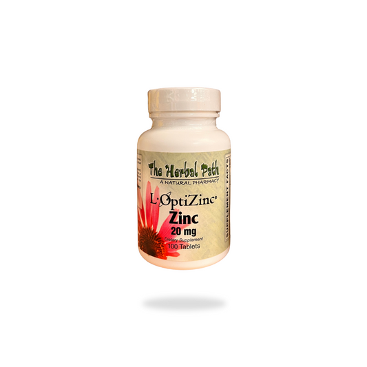 Supplement bottle labeled 'L-OptiZinc Zinc 20 mg' by The Herbal Path on a white background.