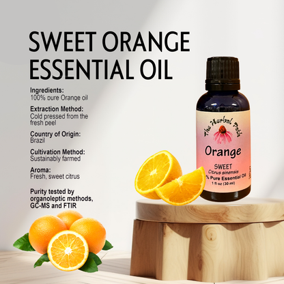 Bottle of sweet orange essential oil with oranges on a wooden block against a light background.
