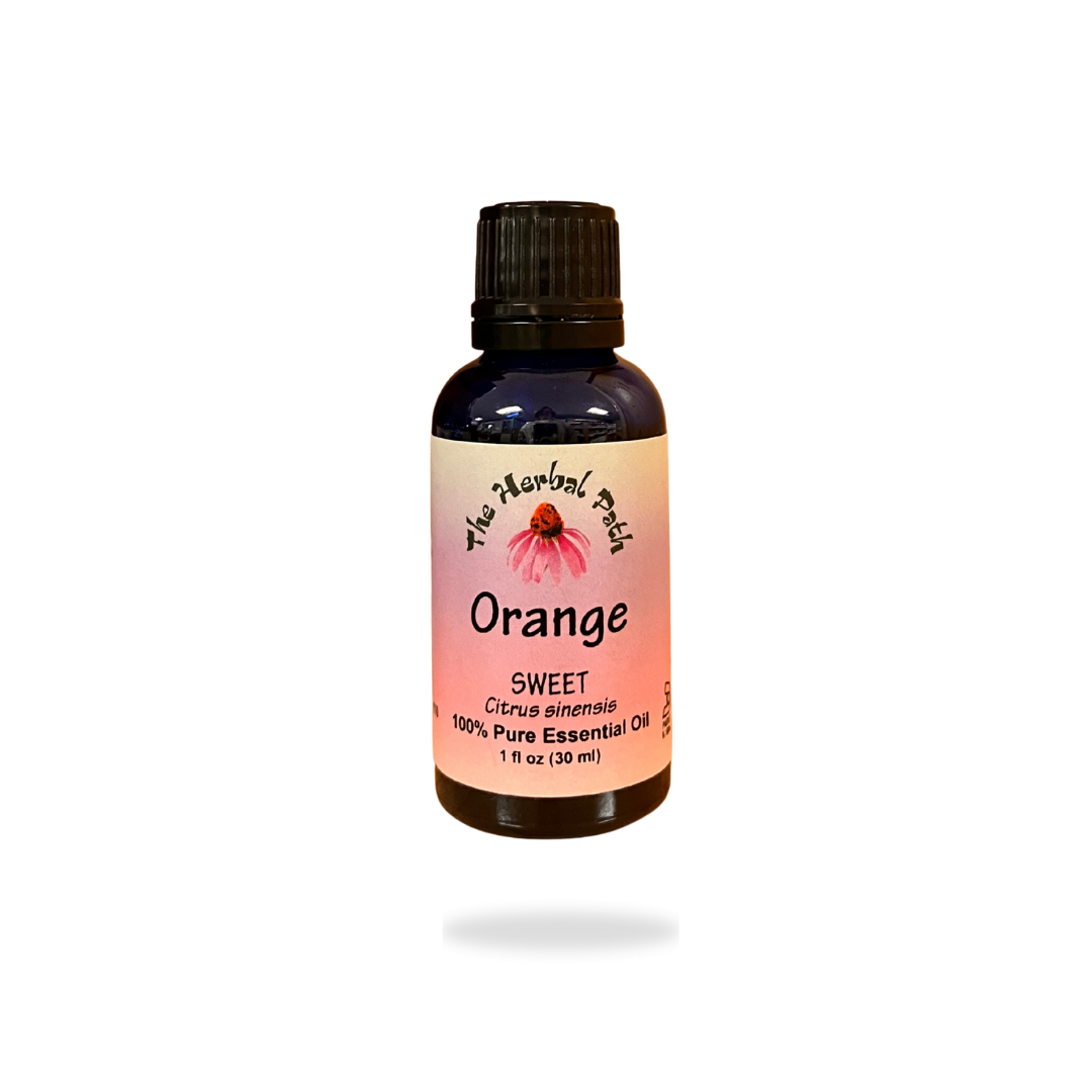 Bottle of orange essential oil with a pink Herbal Path label on a white background.