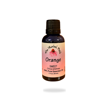 Bottle of orange essential oil with a pink Herbal Path label on a white background.