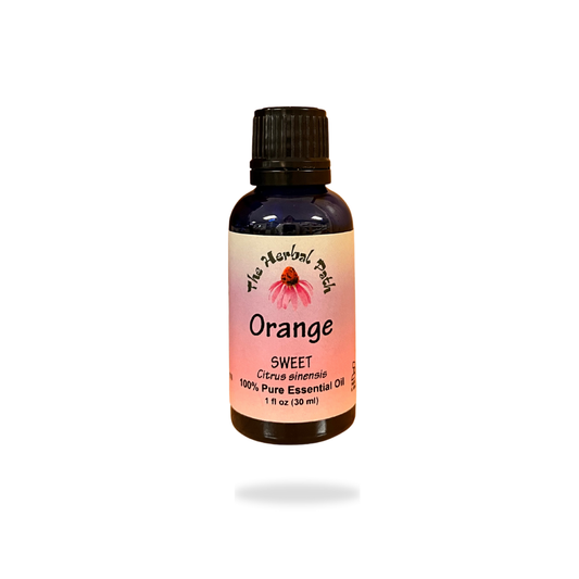 Bottle of orange essential oil with a pink Herbal Path label on a white background.