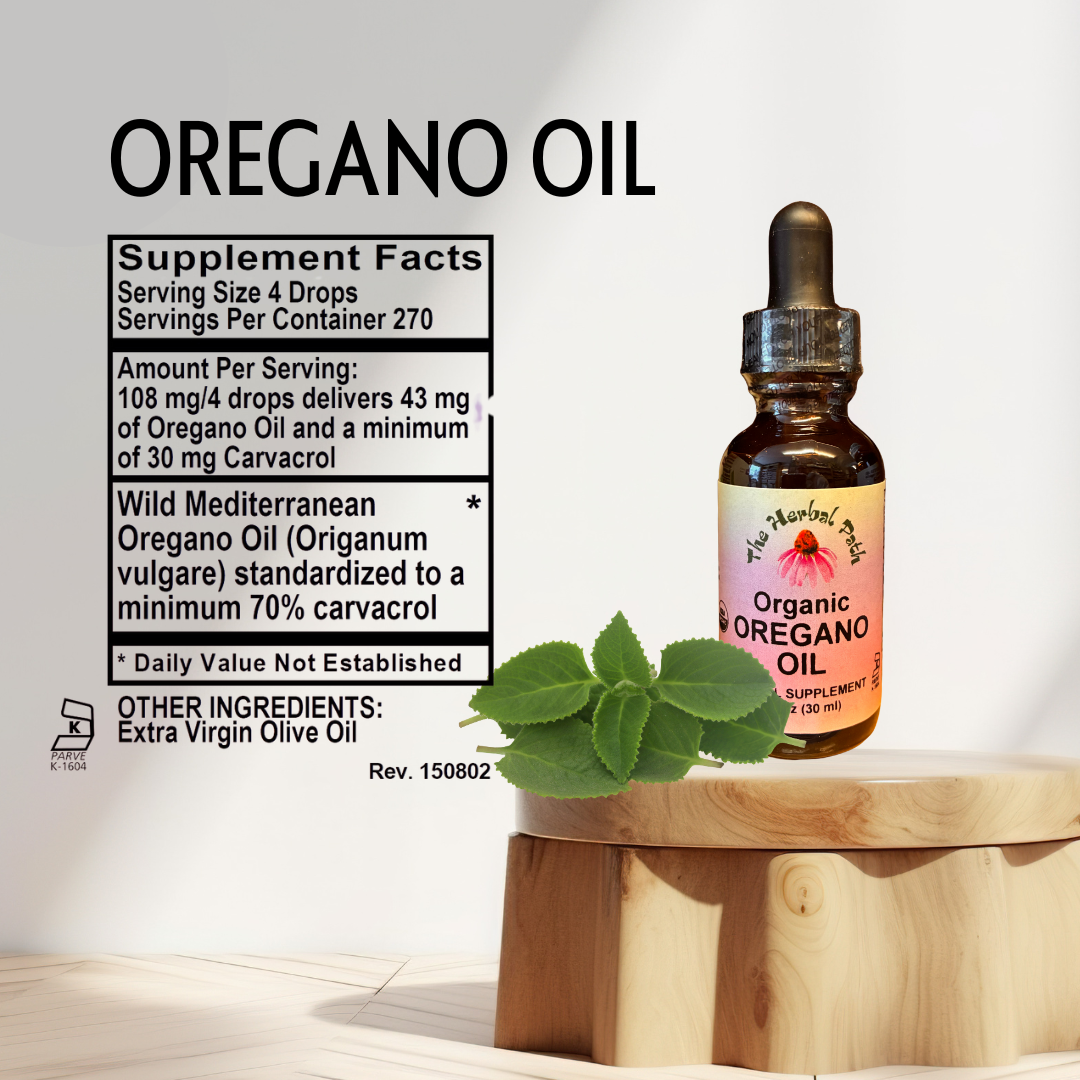 Bottle of oregano oil with supplement facts label on a light background