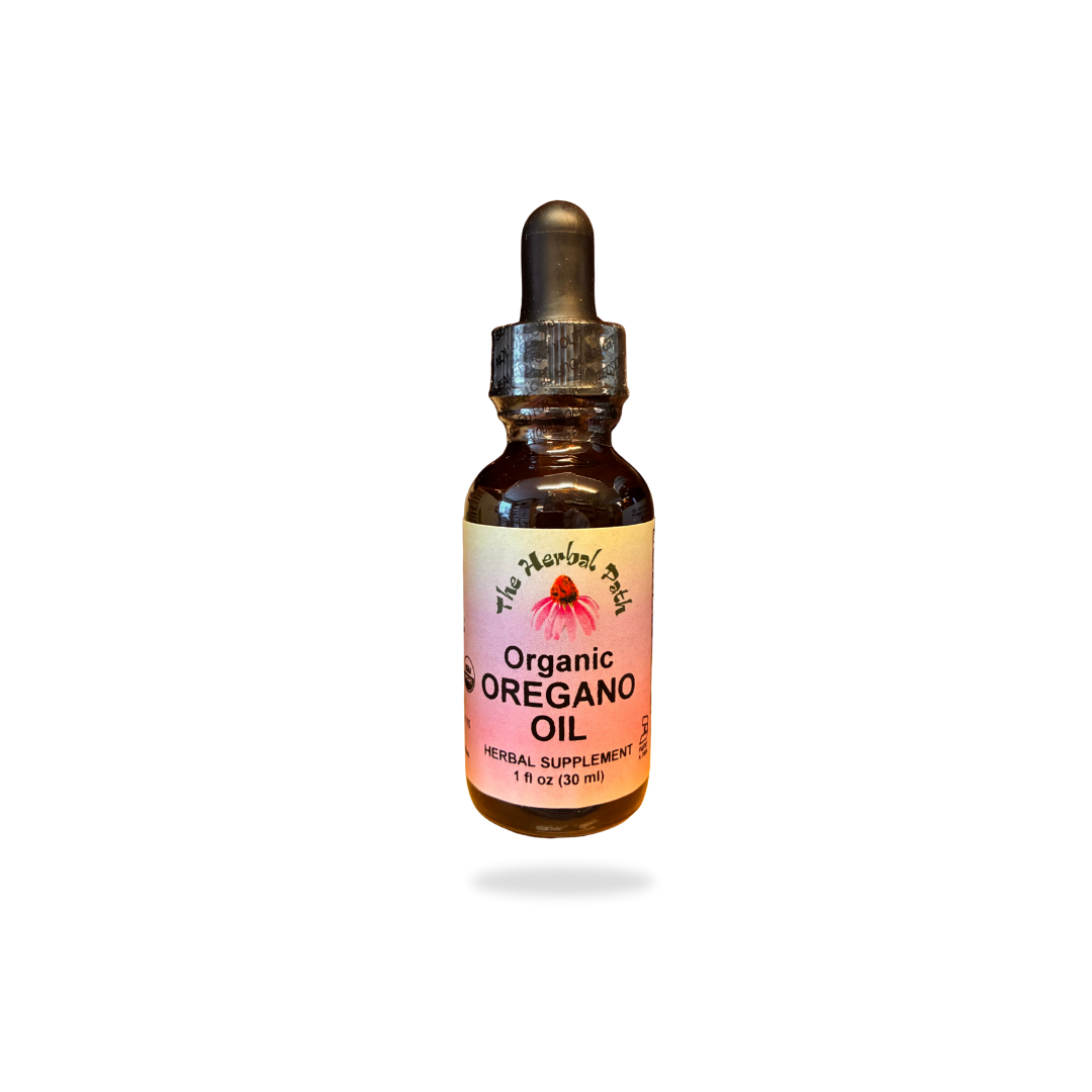 Bottle of organic oregano oil with a dropper on a white background