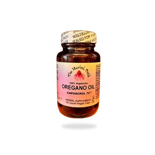 Bottle of oregano oil supplement on a white background