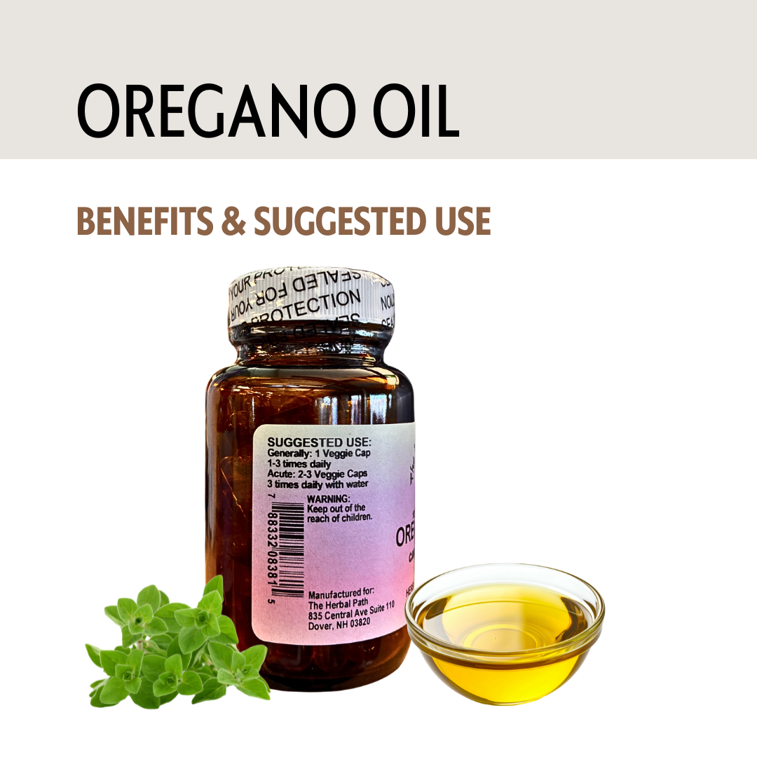 Oregano oil bottle with a small bowl of oil and oregano leaves on a white background